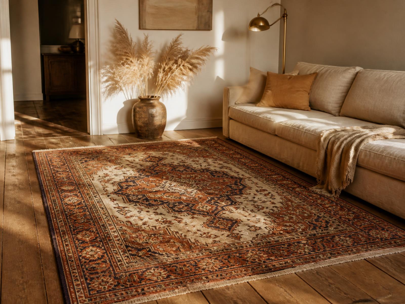 Hand-knotted Persian rug in terracotta and ivory on an oak floor in a sunlit living room